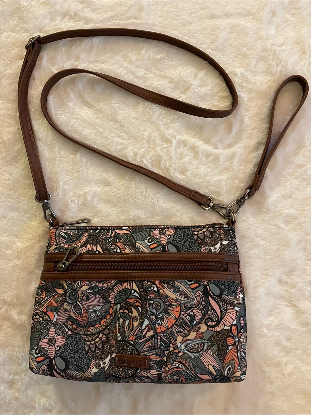 Sakroots Brown, Pink & Cream Floral Crossbody with Adjustable Strap